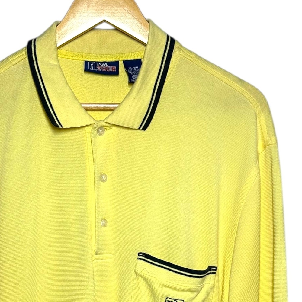 PGA TOUR Mens Yellow Long Sleeve Polo Shirt Golf Pocket Embroidered‎ Size XL
